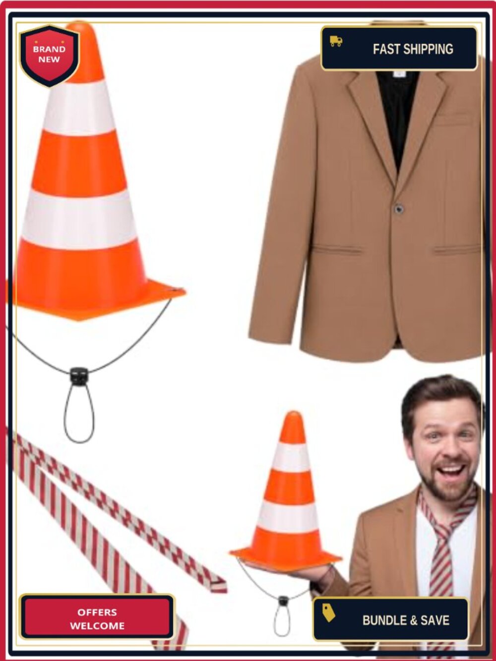 3 Pc Halloween Costume Set Cone Hat Brown Suit Jacket Lace Tie